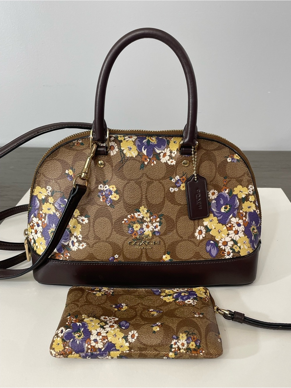 Coach Signature Floral Dome Satchel Bag Matching Wristlet Brown Purple Yellow